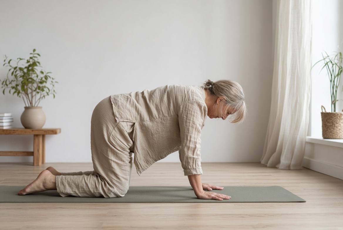 Mature adult on all fours on a yoga mat doing a gentle spine stretch