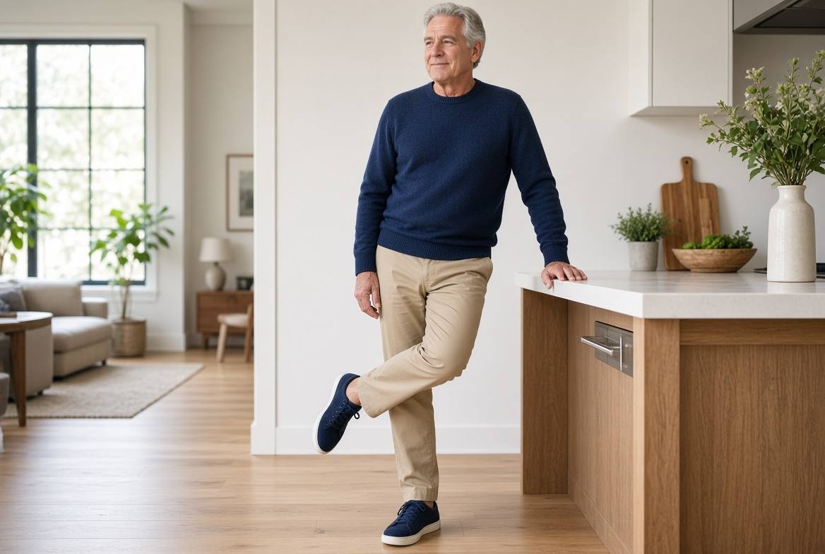 Older adult standing beside a kitchen counter practising a supported stance