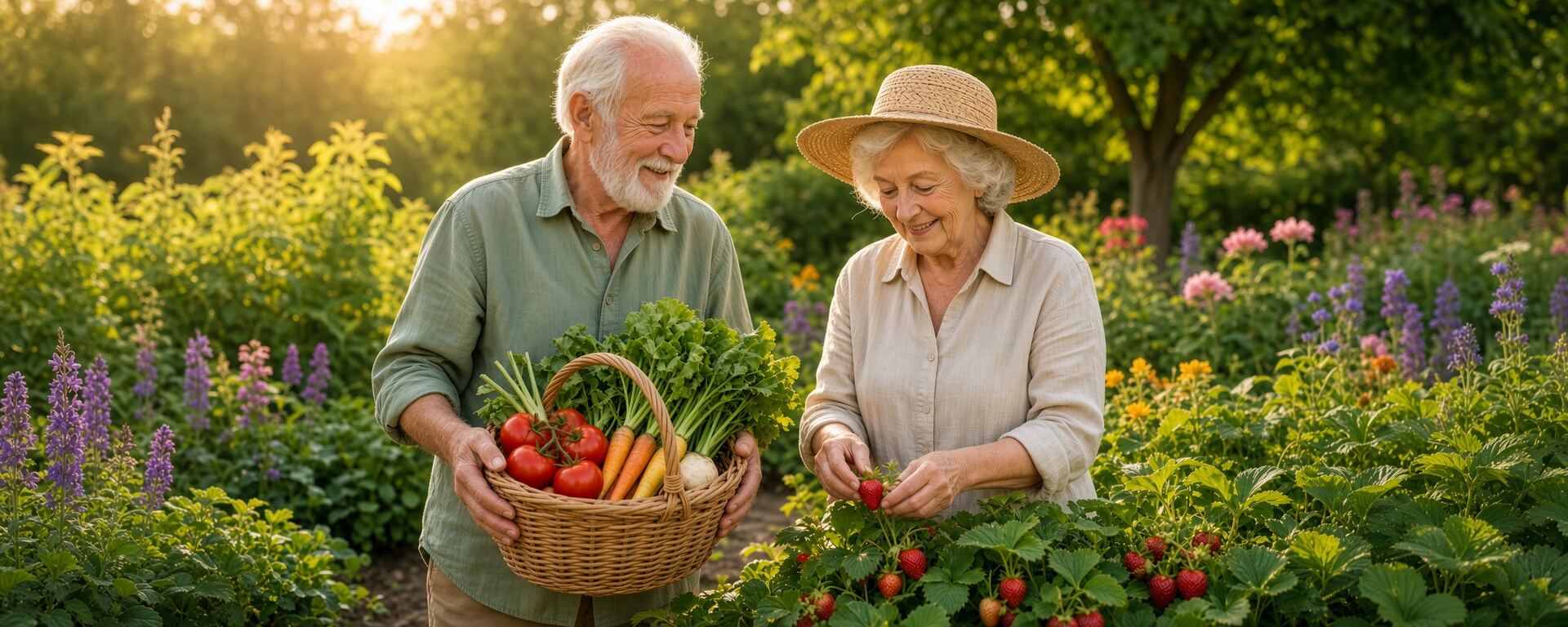 Older couple gathering vegetables and strawberries in a garden