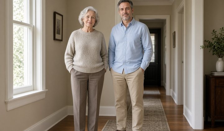 Older woman and middle-aged man standing in a hallway