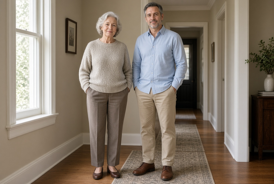 An older woman and a middle-aged man standing full-length in a bright hallway