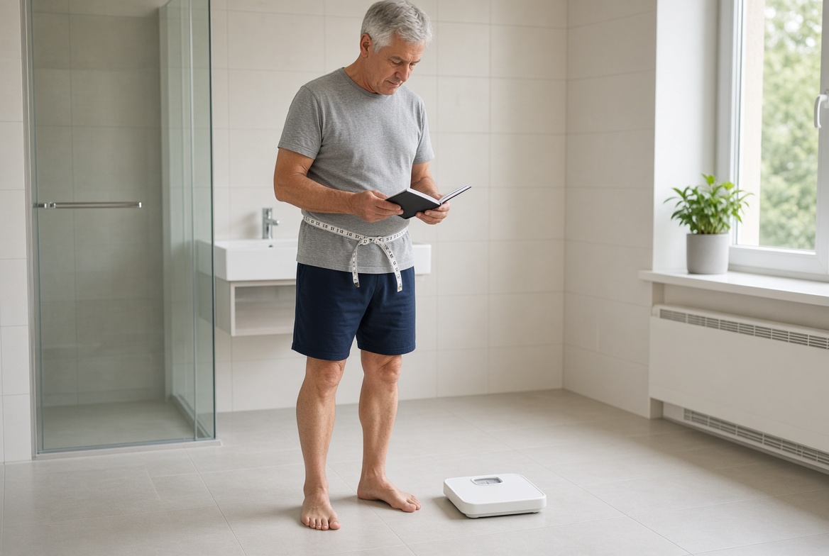 Fit older man standing fully in view in a bathroom with a waist tape and a scale