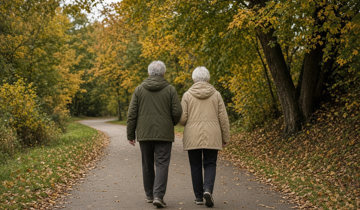 Older couple walking on a tree-lined path