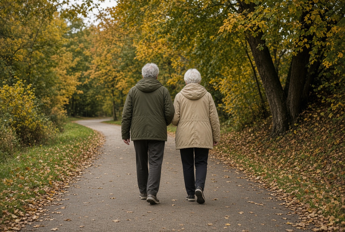 Older couple walking full-length along a tree-lined paved path in autumn