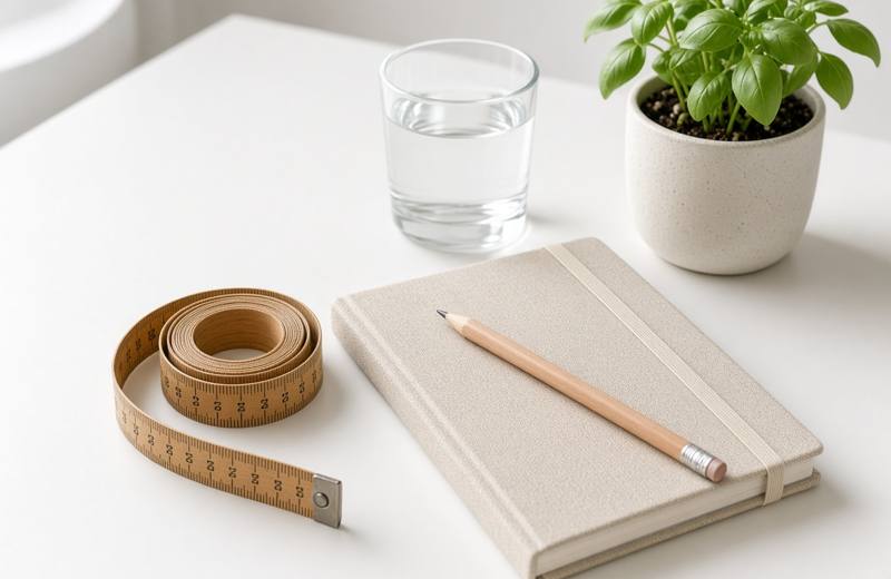 Notebook, tape measure, and a glass of water on a desk