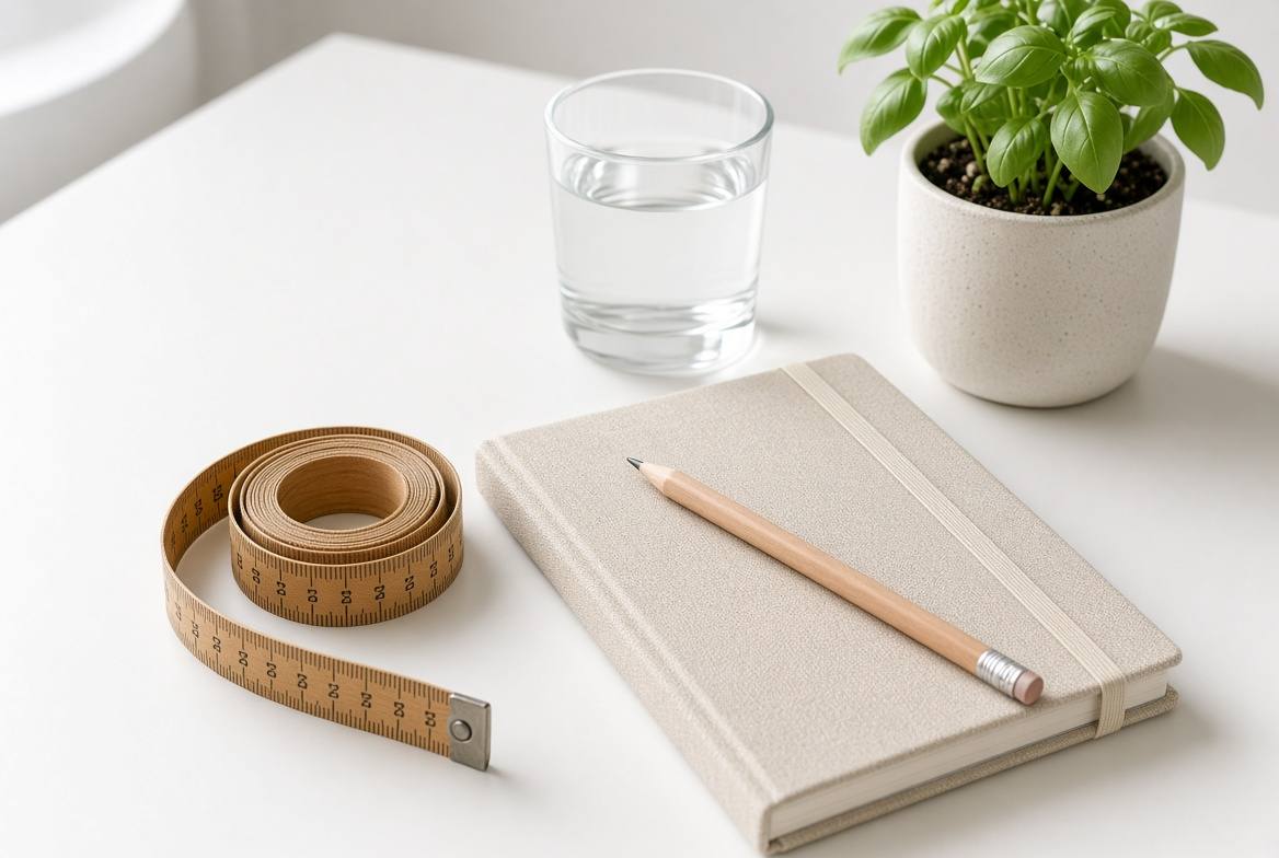 Tape measure, notebook and water on a desk
