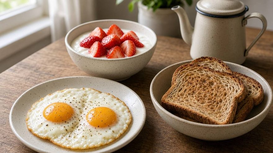 Eggs, yogurt with strawberries, and toast