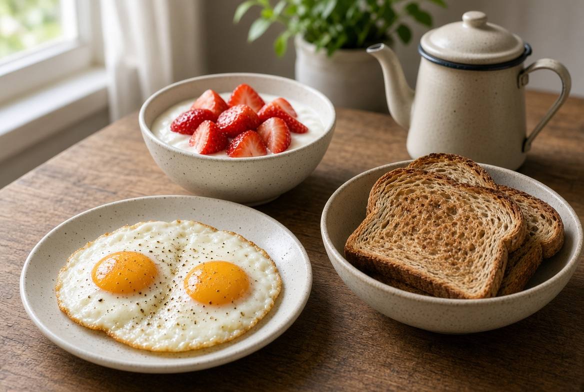 Fried eggs, yogurt with strawberries, and toast on a wooden breakfast table