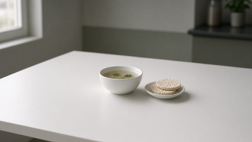 Small bowl of broth and two rice cakes on an empty table