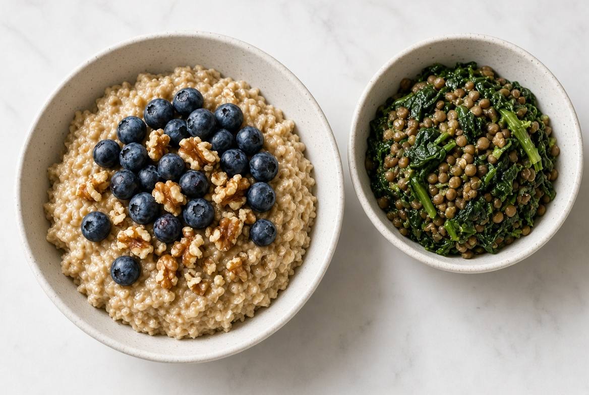 Bowl of oatmeal with blueberries and walnuts beside lentils and greens