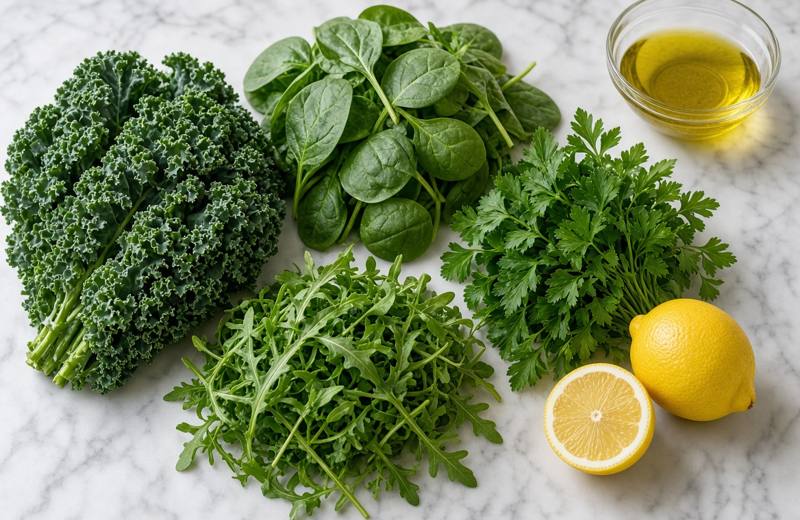 Kale, spinach, arugula, parsley and lemon on marble