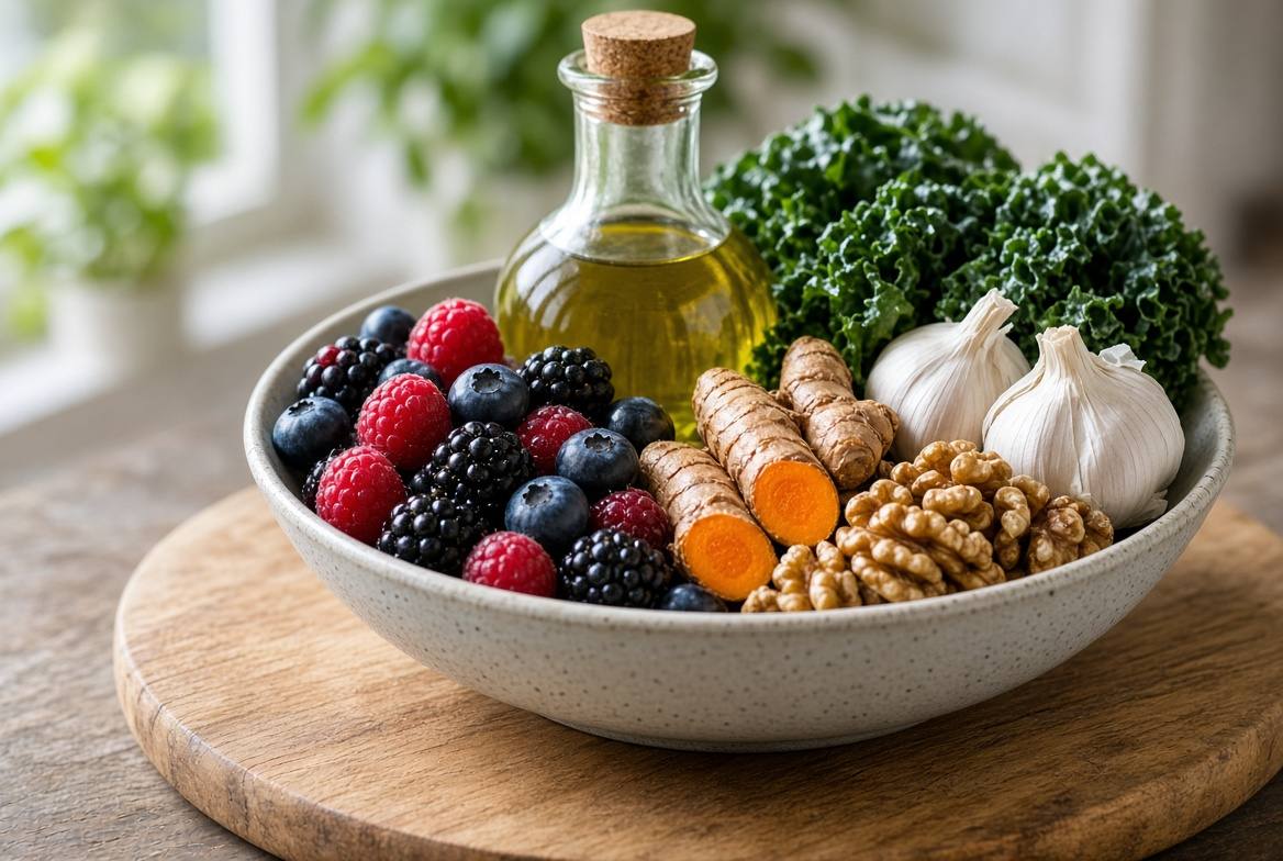 Bowl of berries, walnuts, olive oil and greens