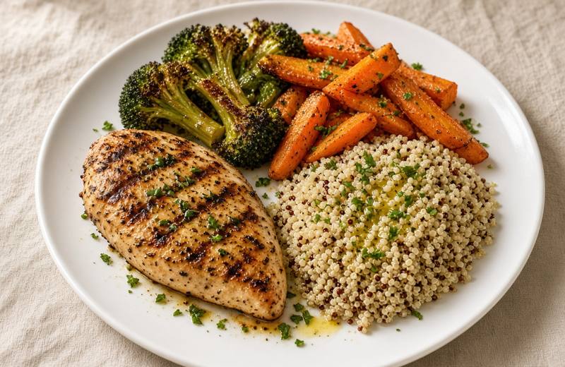 Plate with chicken, quinoa, broccoli and carrots