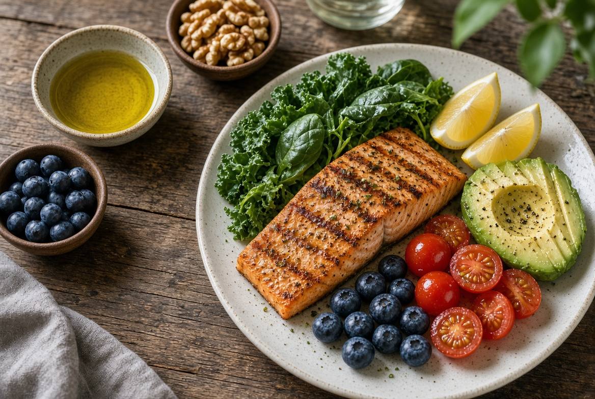 Salmon with greens, avocado, tomatoes and berries on a plate