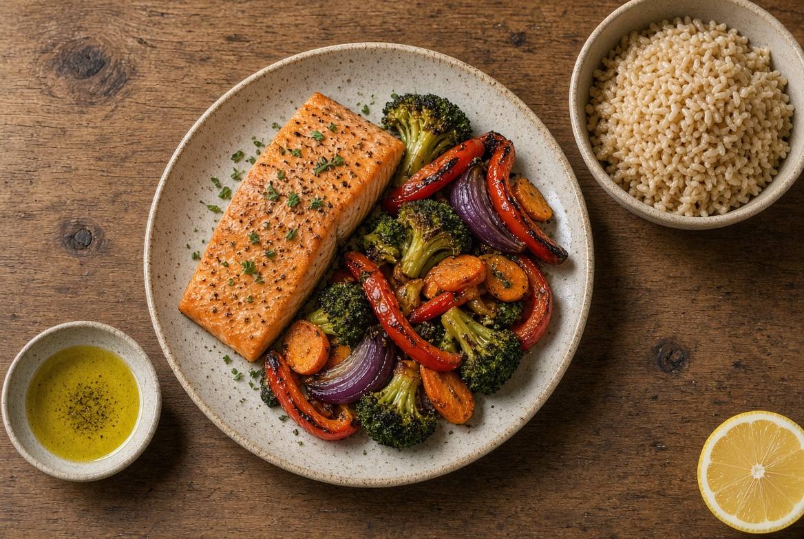 Baked salmon with roasted vegetables and a bowl of brown rice