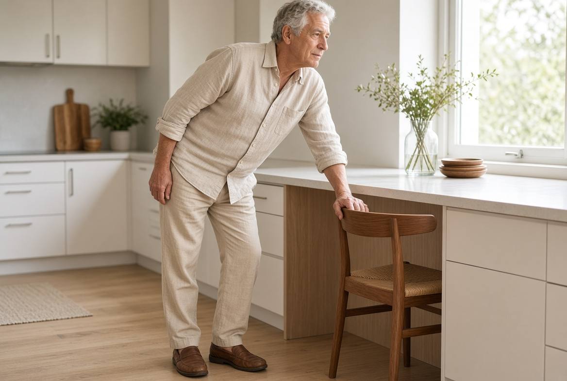 Older man fully in view in a kitchen, hand on a chair, hips easing back