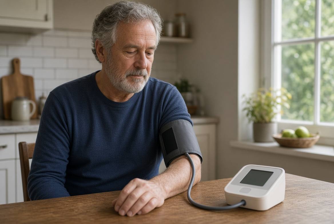 Older man seated at a table using an upper-arm home blood pressure cuff