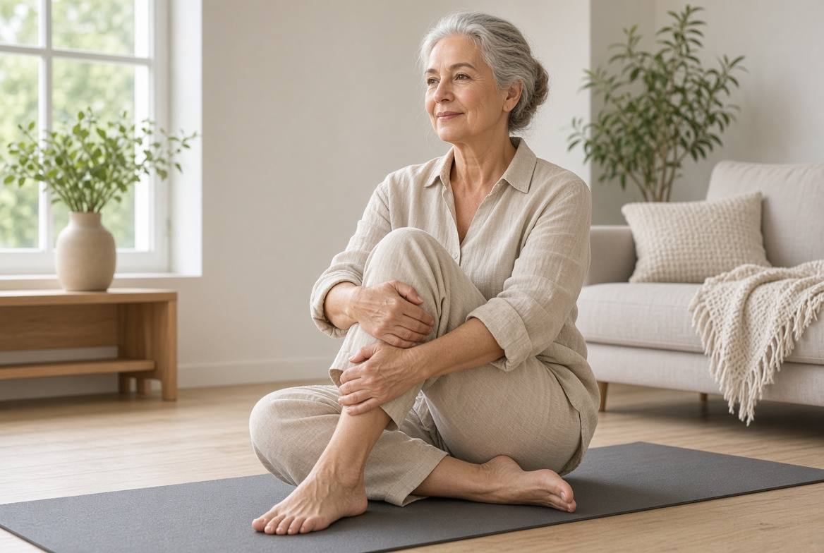 Older woman sitting fully in view on a yoga mat, holding one shin