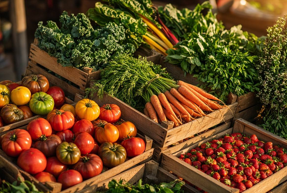 Farmers market crates of tomatoes, carrots, greens and strawberries