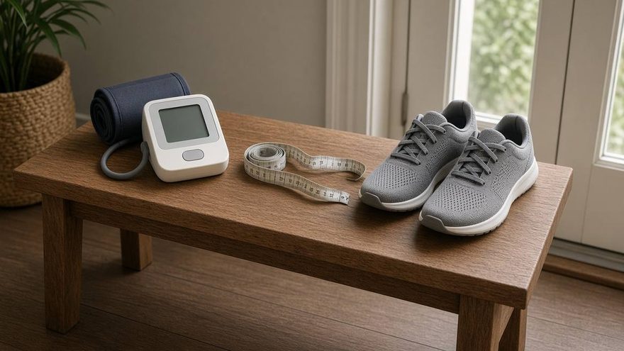Cuff, tape measure and walking shoes on a bench