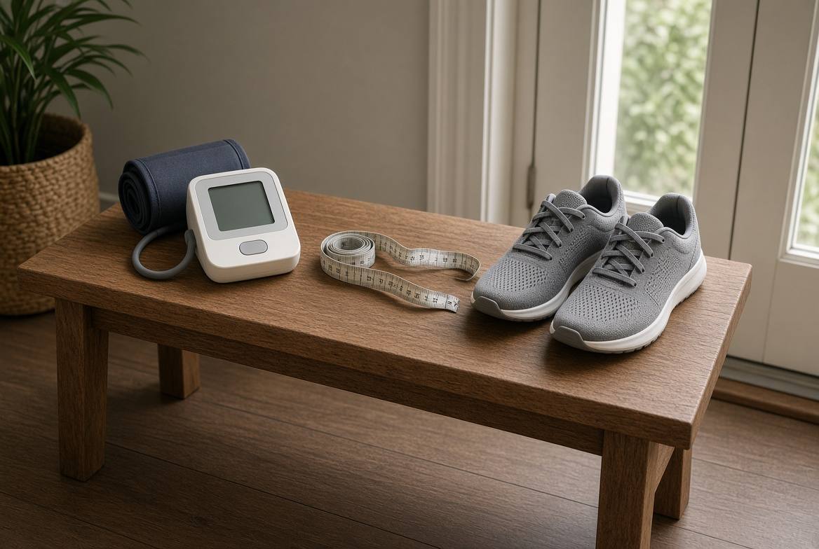 Home blood pressure cuff, cloth tape and walking shoes on a bench