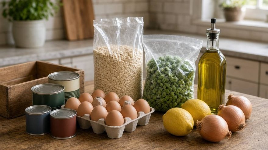 Eggs, tins, oats, frozen peas, oil, lemons and onions