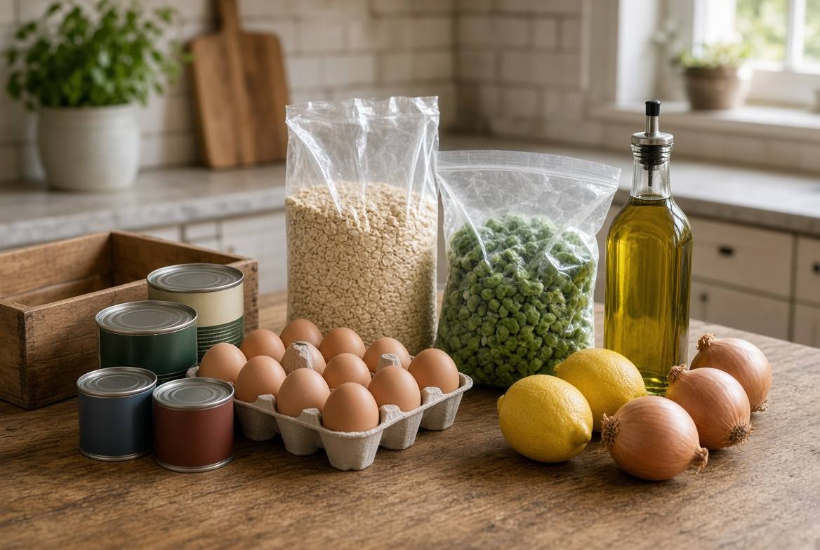 Eggs, tinned food, oats, frozen peas, lemons, onions and olive oil on a kitchen table