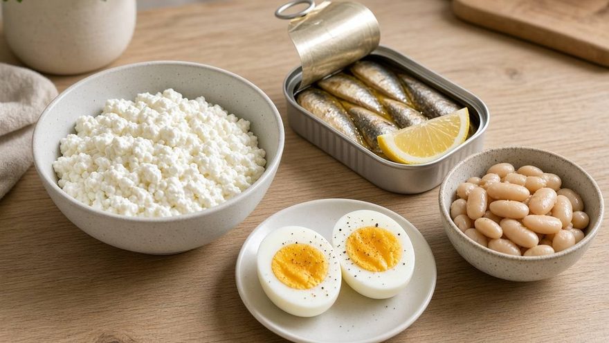 Eggs, cottage cheese, beans and sardines on a table
