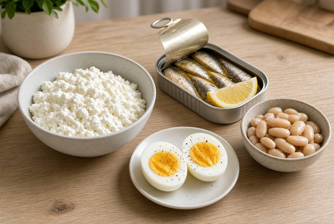 Eggs, cottage cheese, white beans and an open tin of sardines on a table