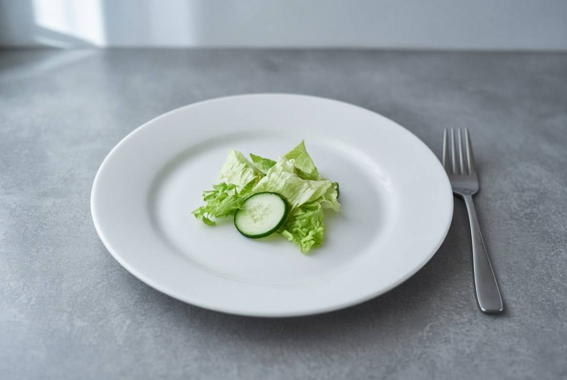 White plate holding only a few lettuce leaves and one cucumber slice
