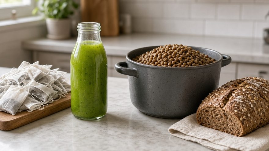 Green juice and tea bags beside lentils and bread