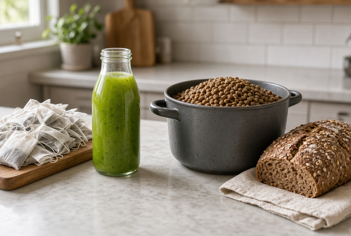 Green juice and tea bags on one side of a counter, lentils and bread on the other