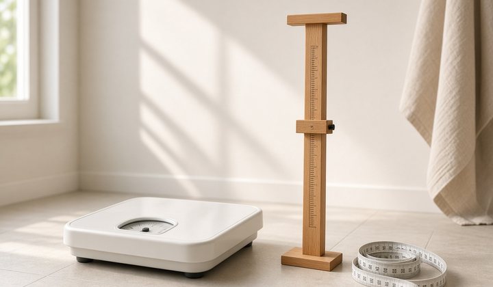 Bathroom scale, height rod and a cloth tape