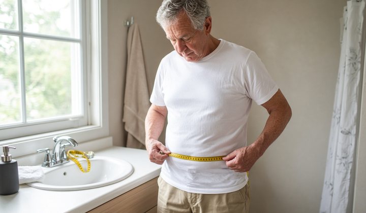 Older man measuring his waist with a cloth tape