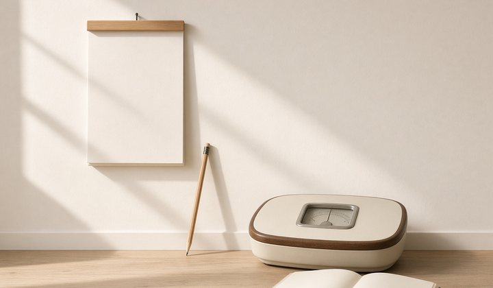 Scale, notebook and a blank wall calendar