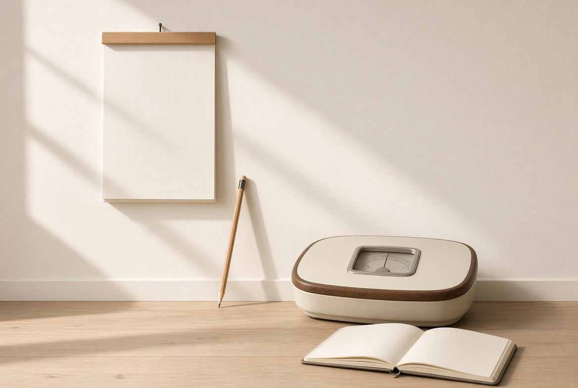 Bathroom scale, open notebook and a blank wall calendar in morning light