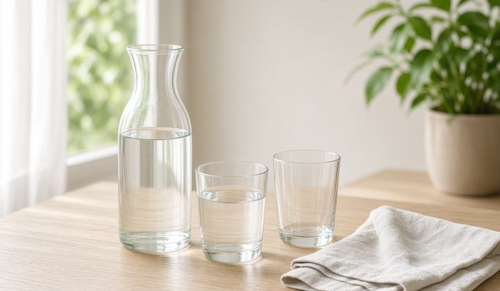 Glass carafe and drinking glasses of water