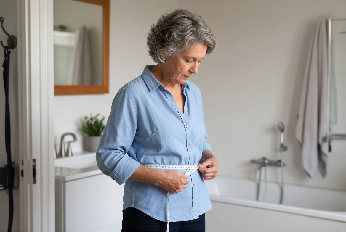 Older woman with head and torso visible measuring her waist with a cloth tape