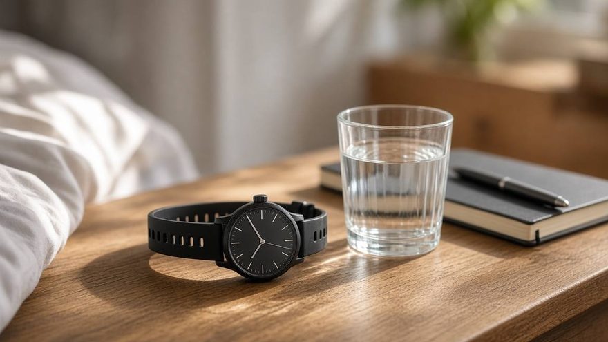 Watch on a nightstand next to a glass of water