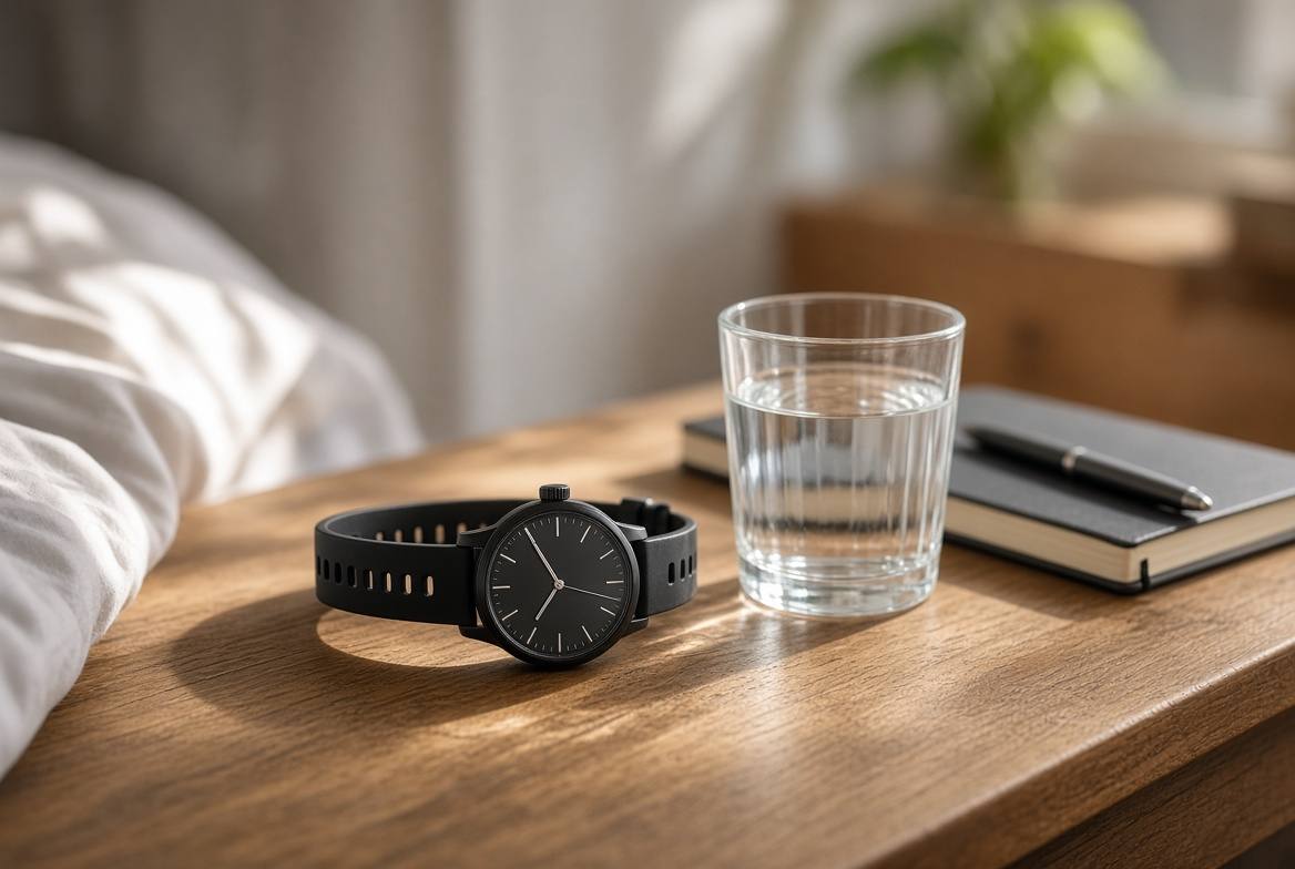 Watch on a wooden nightstand beside a glass of water and a notebook
